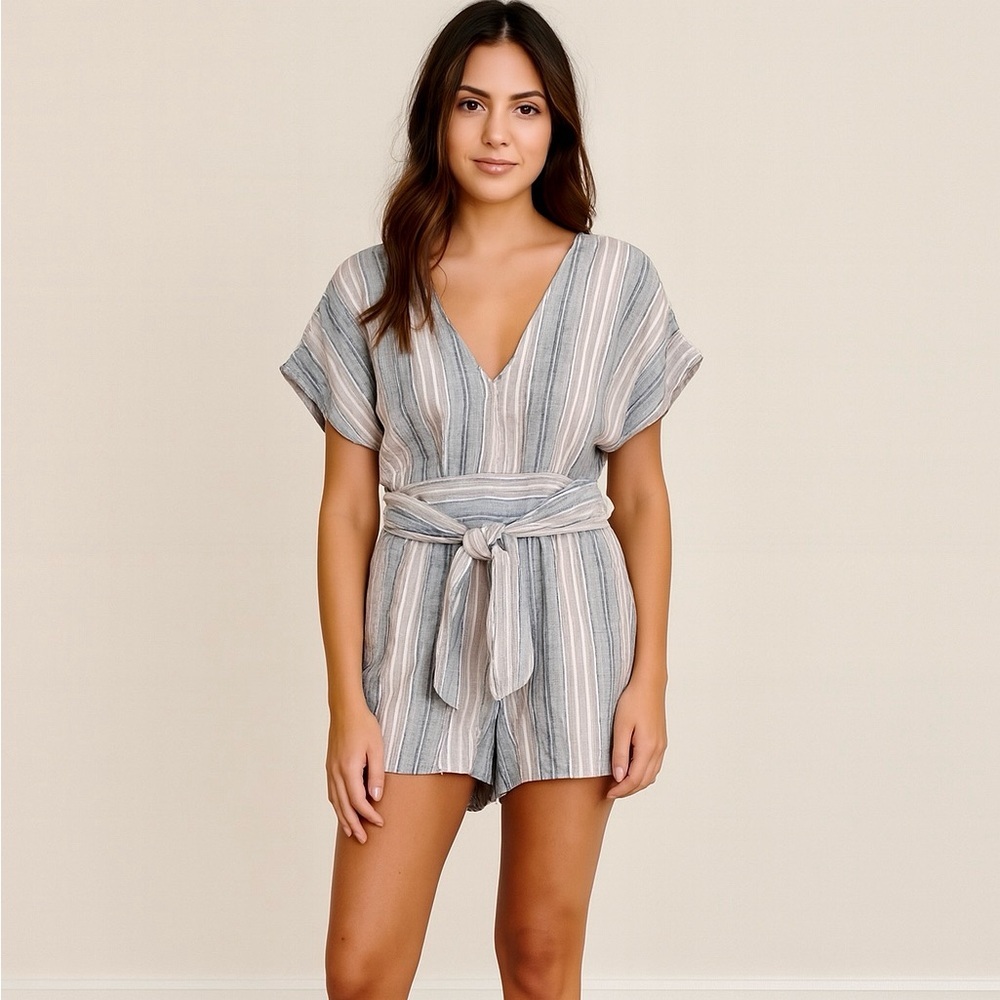 American Eagle Small Linen Blend Belted V Neck Romper Shorts Boho Lined Women